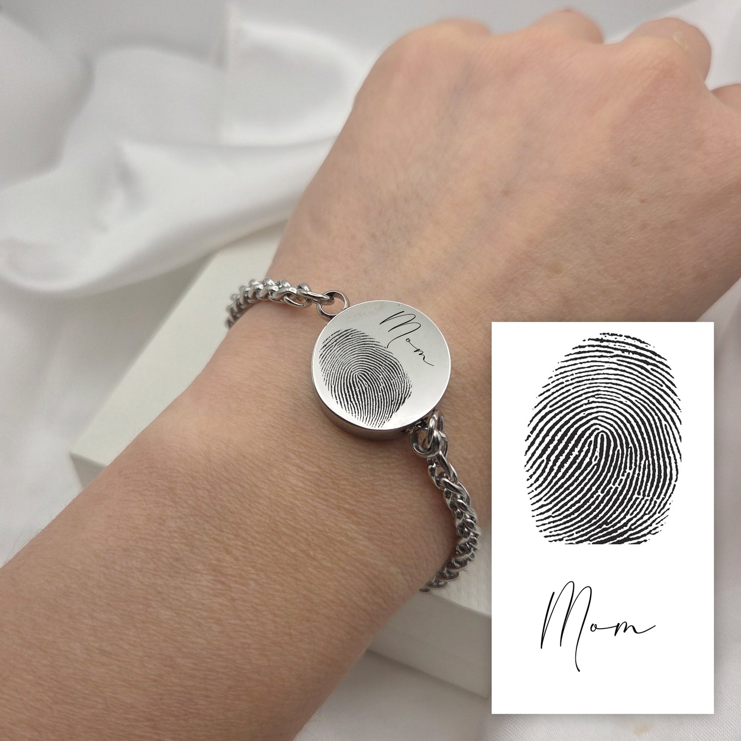 Handwriting and thumbprint round urn bracelet for ashes.