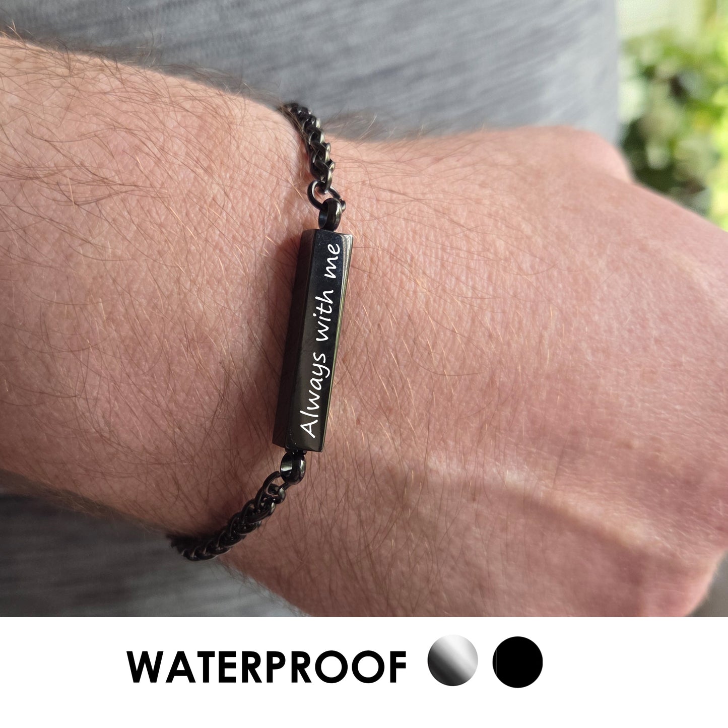Custom engraved bar urn bracelet for ashes.