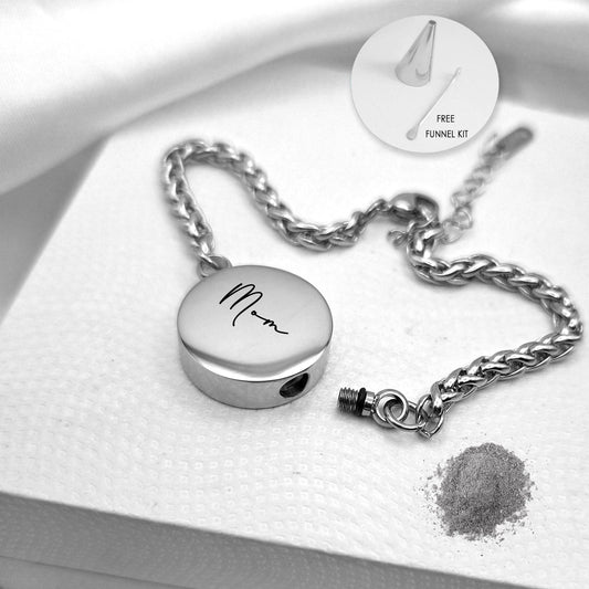 Handwriting cremation round urn bracelet for ashes. - mobimomentos