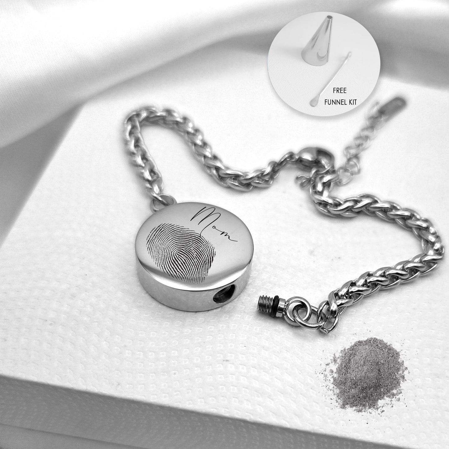 Handwriting and thumbprint round urn bracelet for ashes.