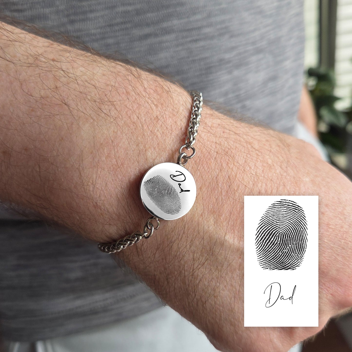 Handwriting and thumbprint round urn bracelet for ashes.