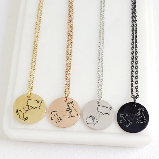 Custom Two Maps Necklace, custom engraved necklace for her and him