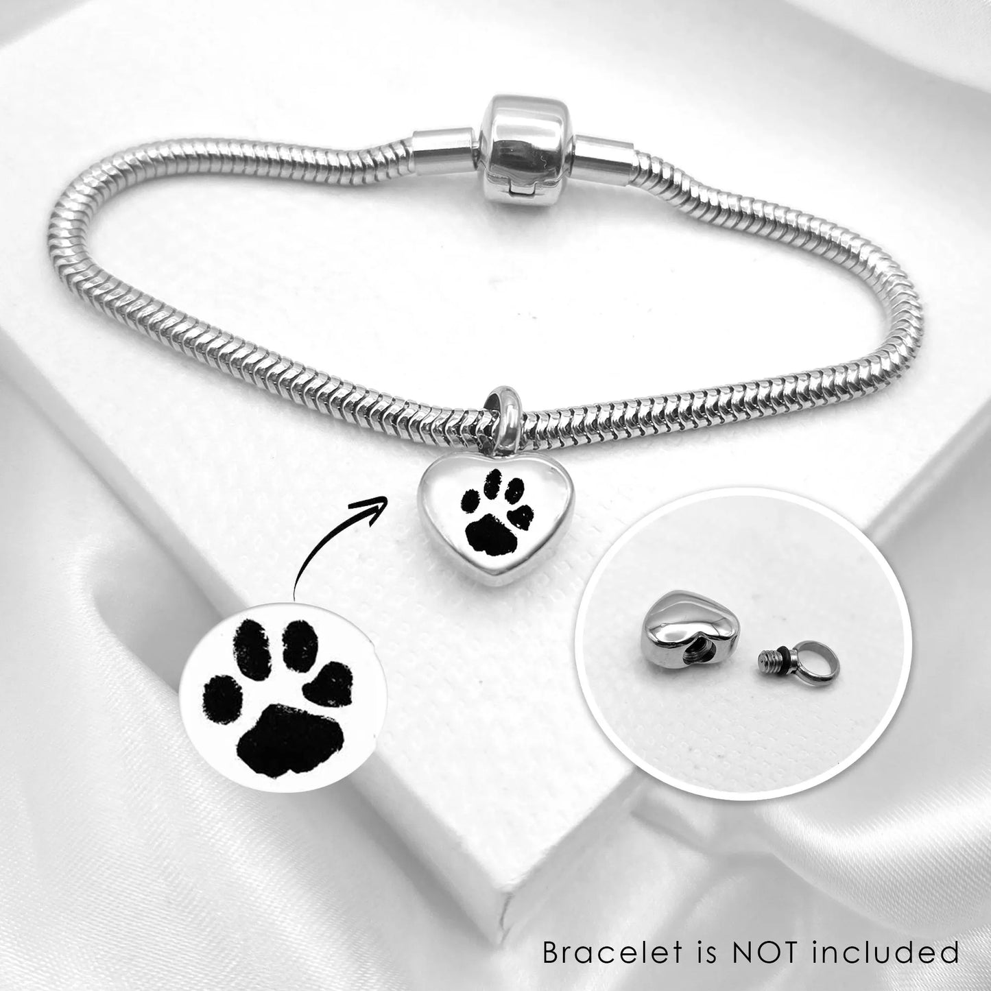 Custom paw print heart urn charm for bracelet for ashes.
