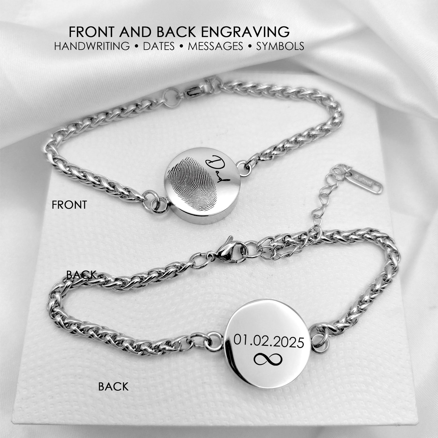 Handwriting and thumbprint round urn bracelet for ashes.