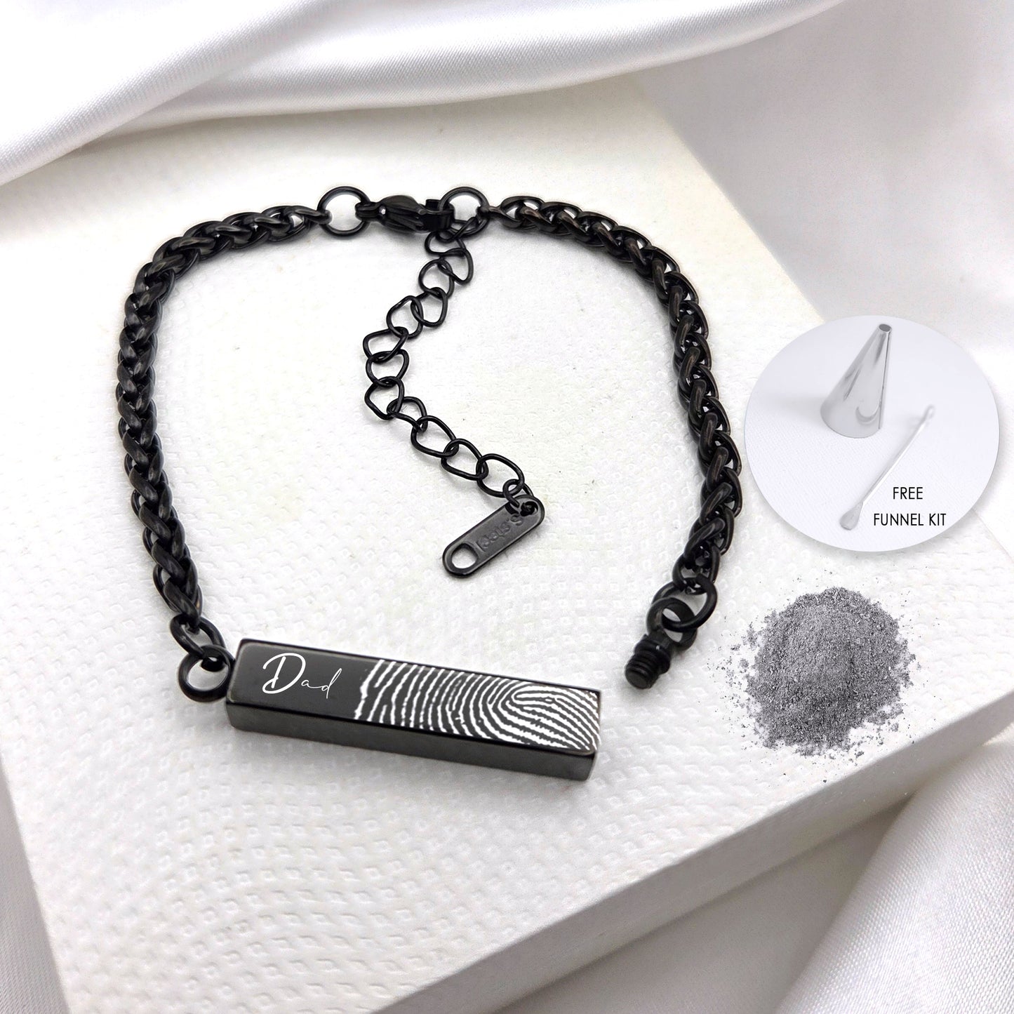 Handwriting and thumbprint bar urn bracelet for ashes.