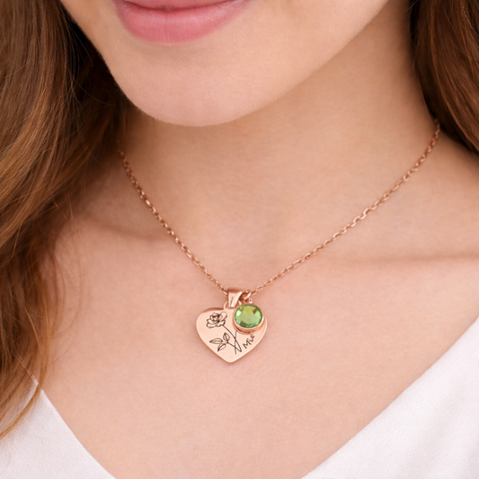 Birthday Bloom - Personalized birth flower heart necklace.