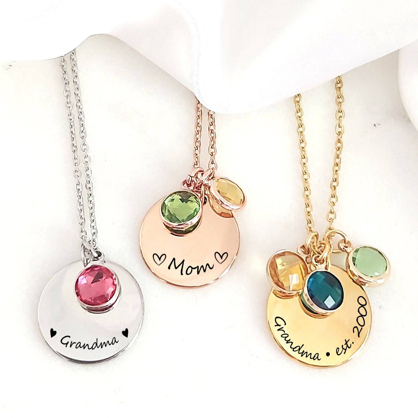 Stainless steel Coin necklace engraved with names and kids birthstone charms