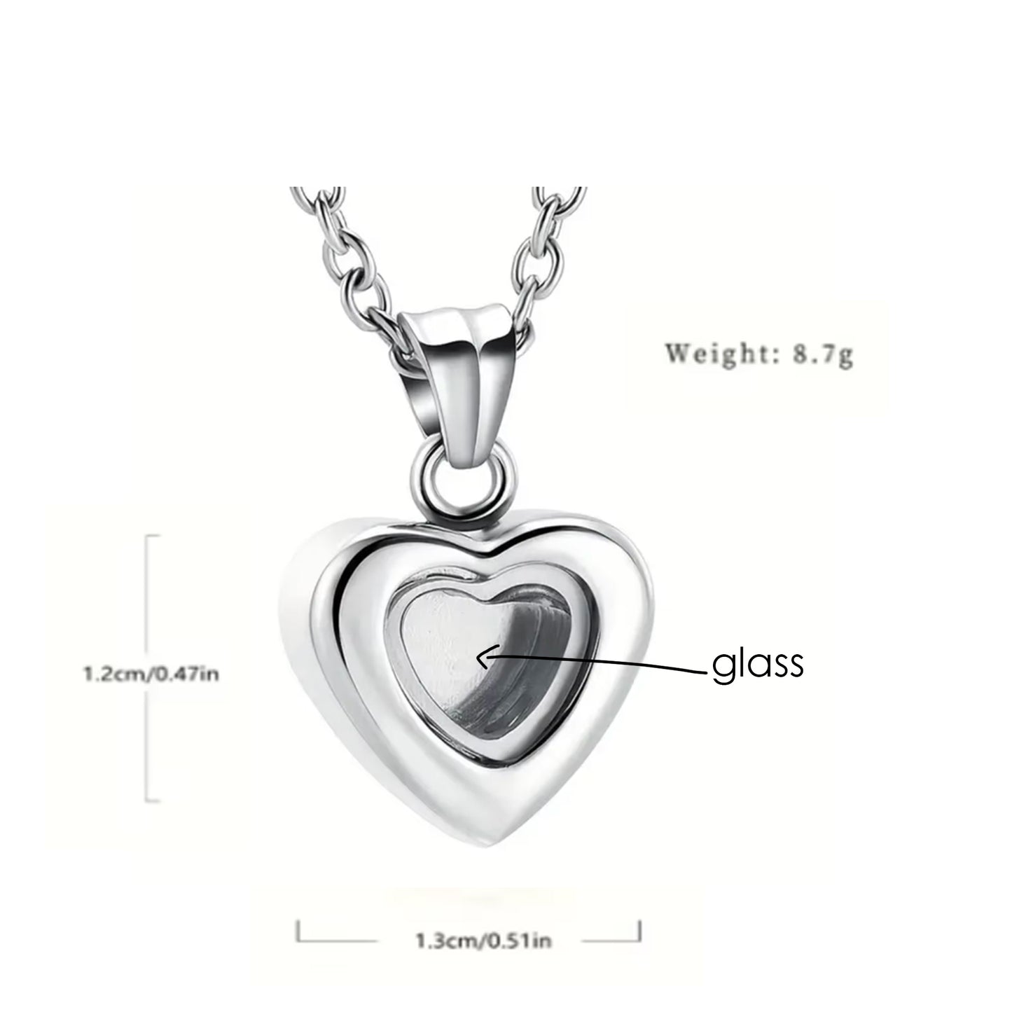 Custom thumbprint glass heart urn necklace for human ashes.