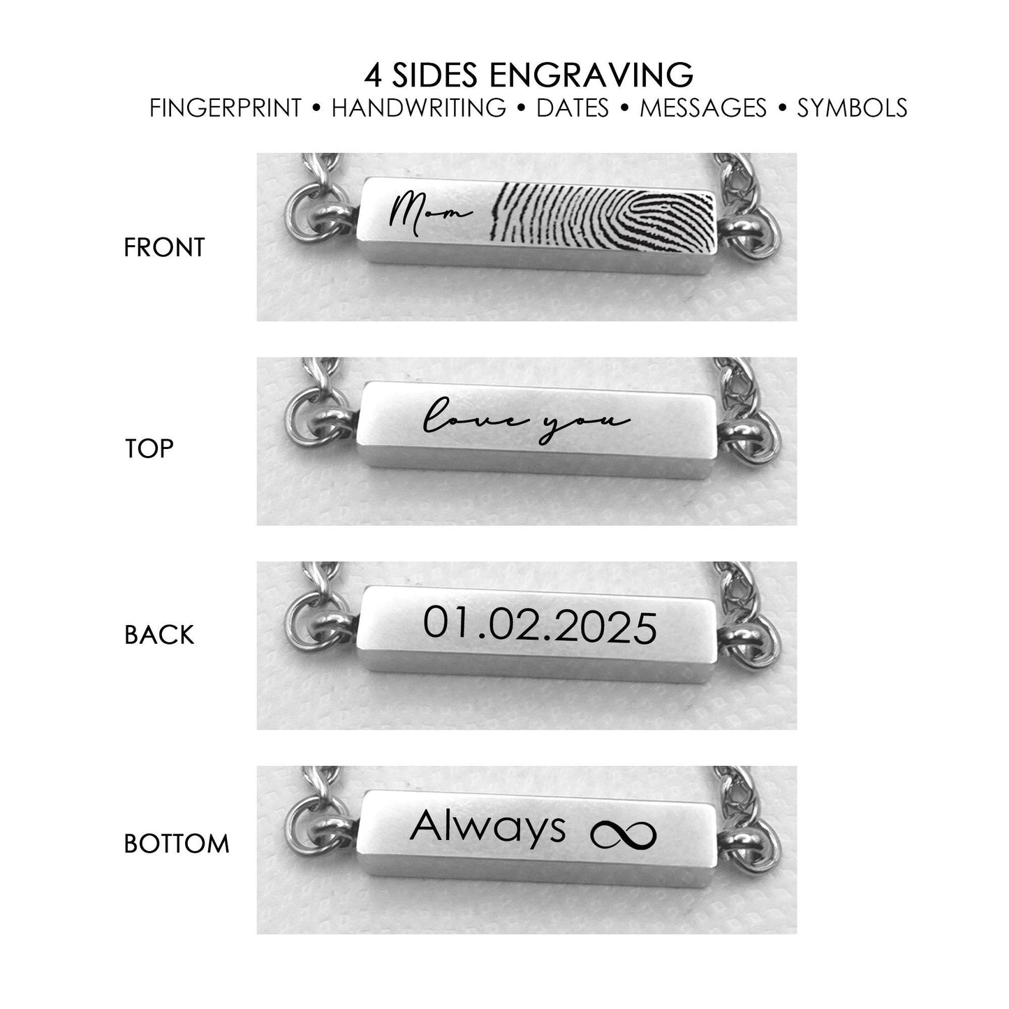 Handwriting and thumbprint bar urn bracelet for ashes. - mobimomentos