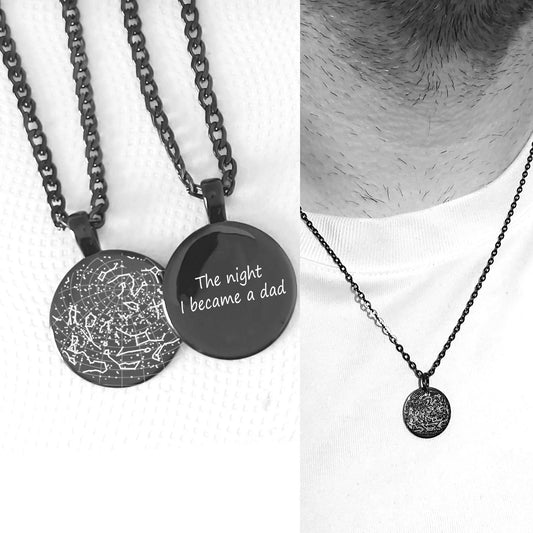 Two necklaces with engraved messages on a white background