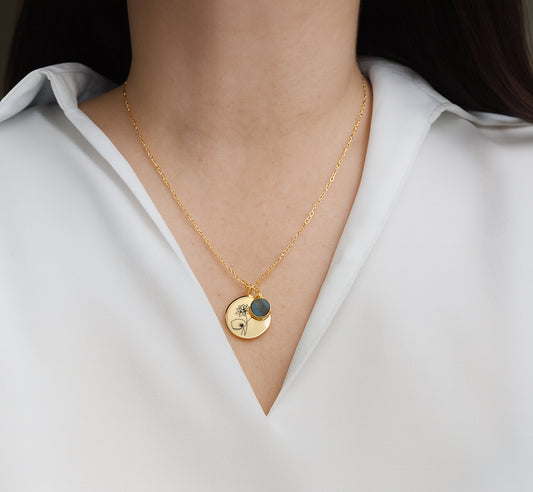Personalized birth flower necklace with birthstone