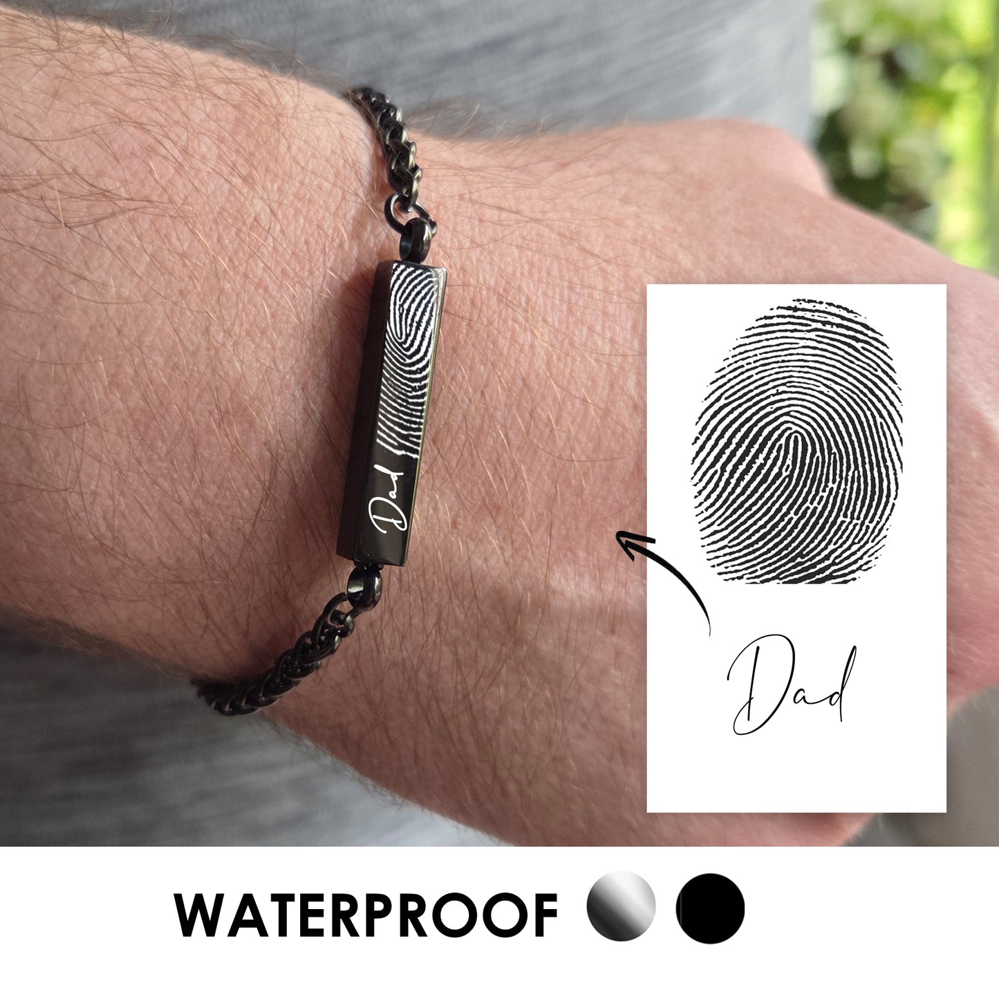 Handwriting and thumbprint bar urn bracelet for ashes.