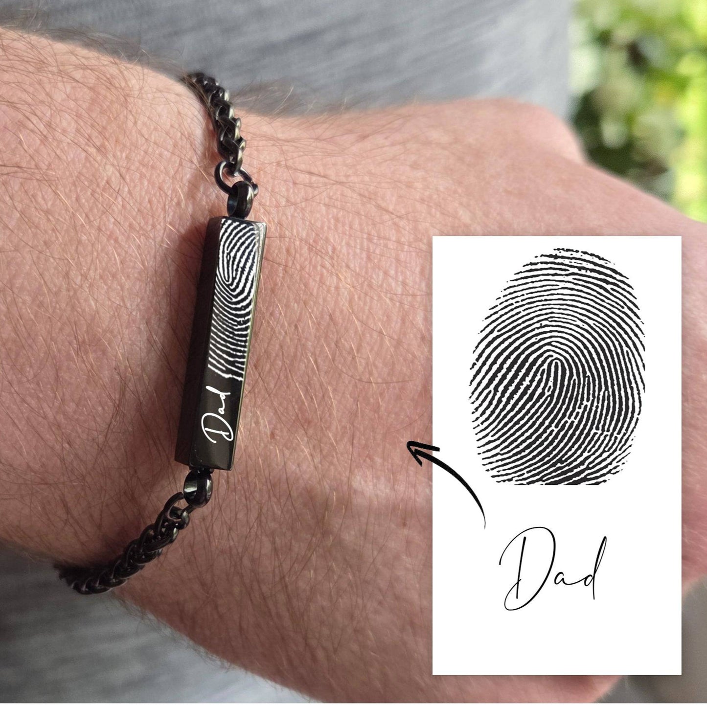 Handwriting and thumbprint bar urn bracelet for ashes. - mobimomentos