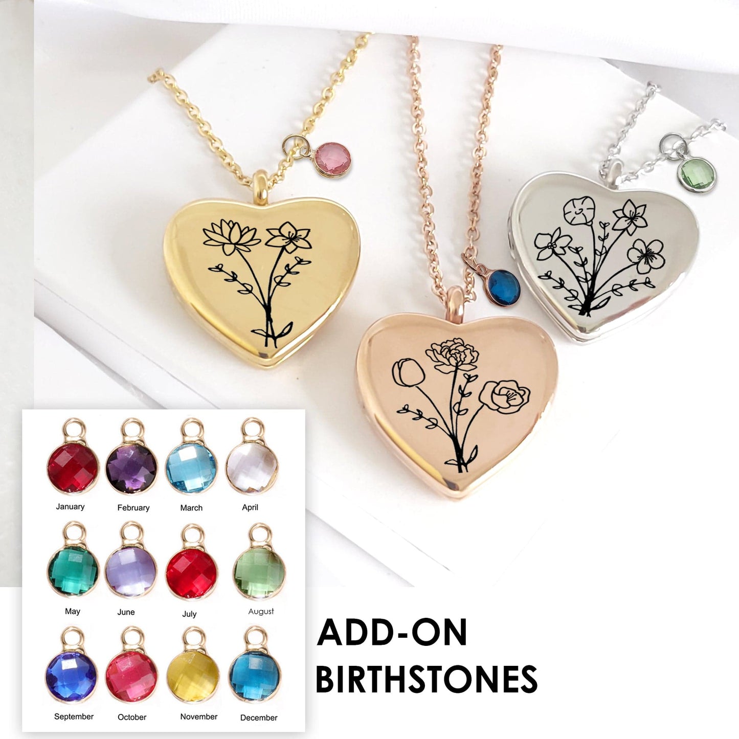 Birth flower bouquet heart locket with photo for mom. - mobimomentos