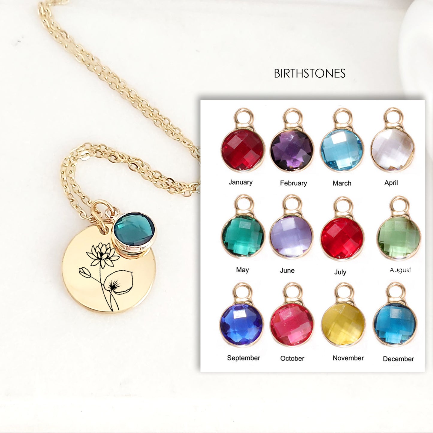 Personalized birth flower necklace with birthstone