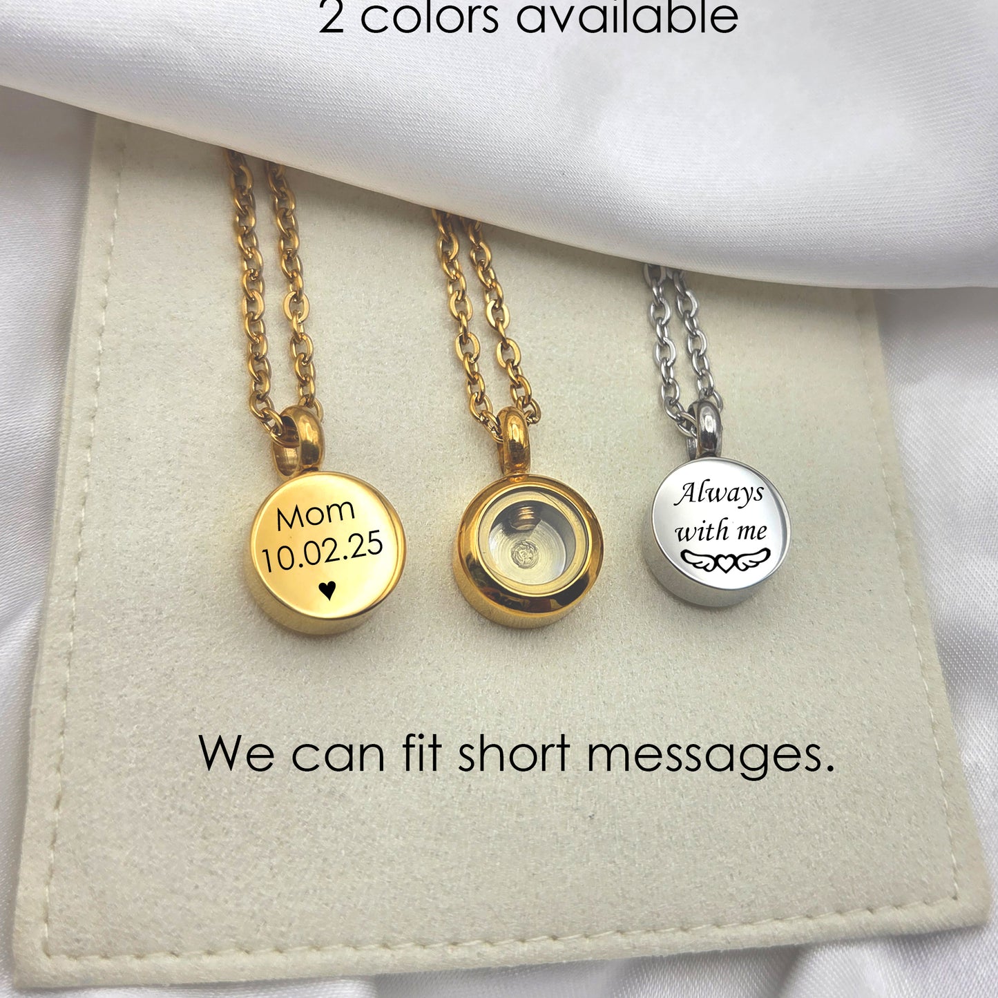 Personalized cremation urn necklace for human ashes or hair.
