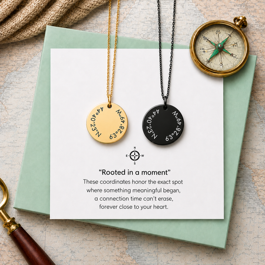 Personalized coordinates necklace set in gold and black stainless steel with custom engraved GPS coordinates on round pendants, displayed on a gift card with a compass design. Matching couples necklaces symbolize love, home, and meaningful memories. Custom coordinate jewelry for boyfriend, girlfriend, husband, wife, anniversary, wedding, long distance relationship, Valentine's Day, and personalized keepsake gift. Waterproof engraved necklace with durable stainless steel finish.