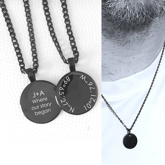 round Black necklaces with engraved coordinates on a white background