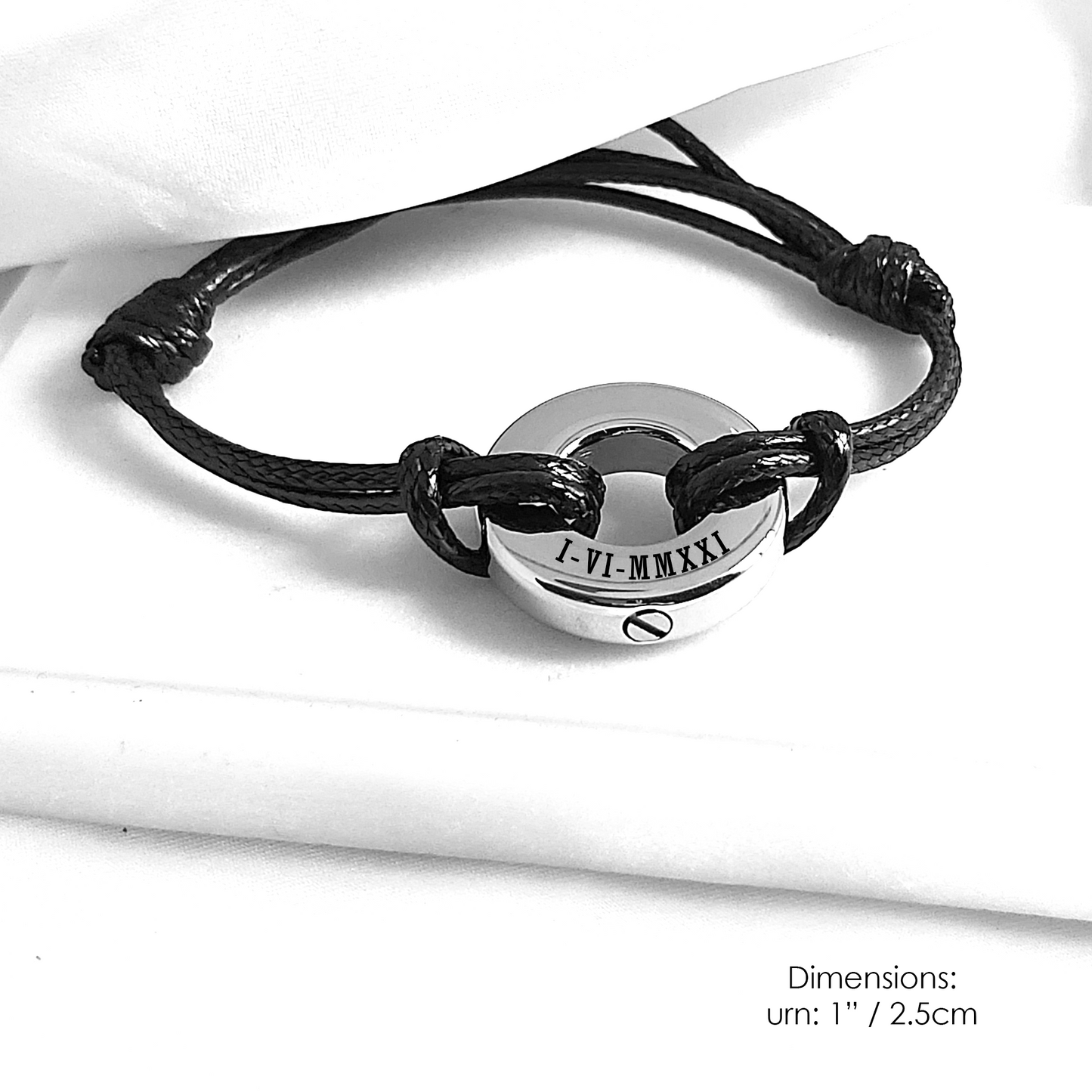 Custom engraved round urn bracelet for ashes.