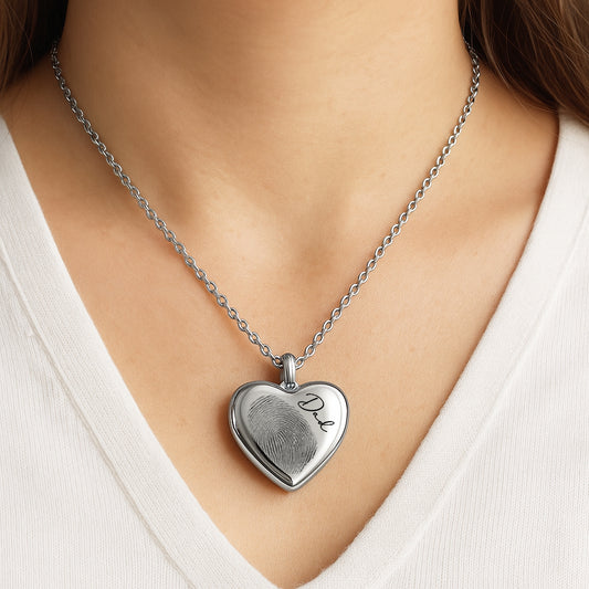 Memorial thumbprint heart locket with photos and engraving.