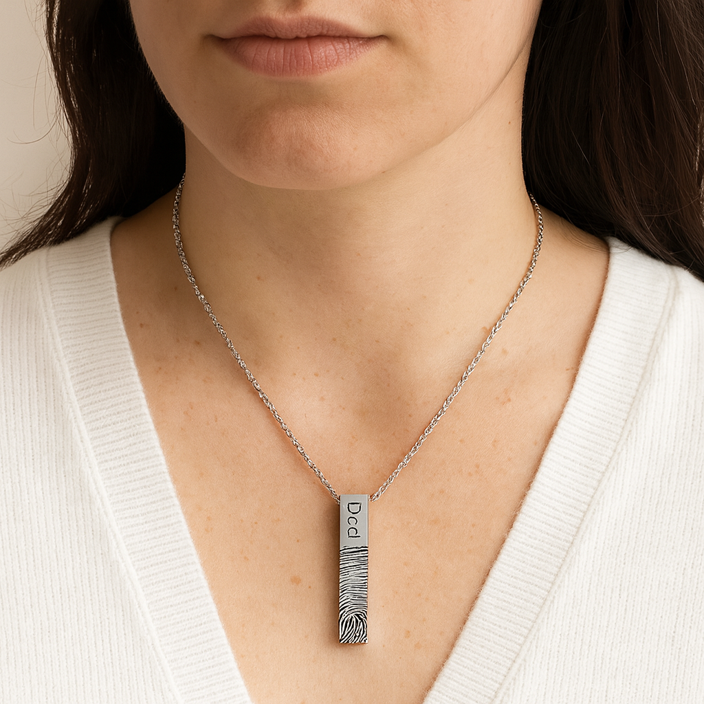 Custom thumbprint urn bar necklace for human ashes.