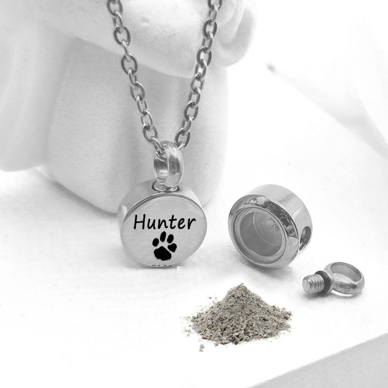 Silver necklace with an urn pendant on a white background