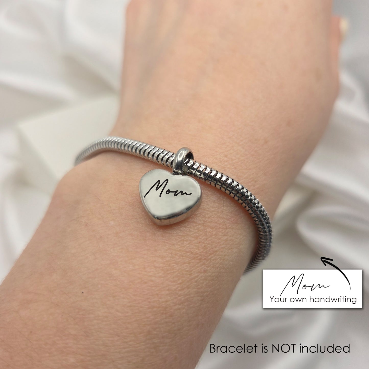 Custom handwriting cremation heart urn charm for bracelet for ashes.