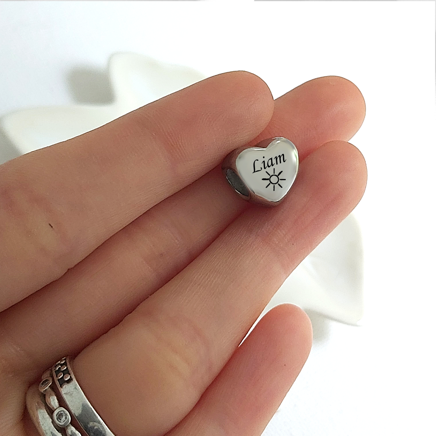 Engraved heart charm bead for bracelet