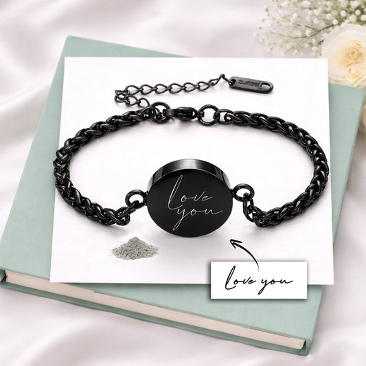 Round urn bracelet for ashes, engraved with custom handwriting