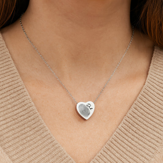 Memorial thumbprint heart urn necklace for human ashes.