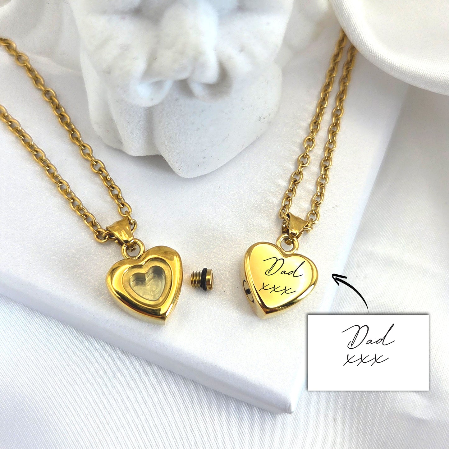 Custom handwriting heart urn necklace for human ashes or hair.