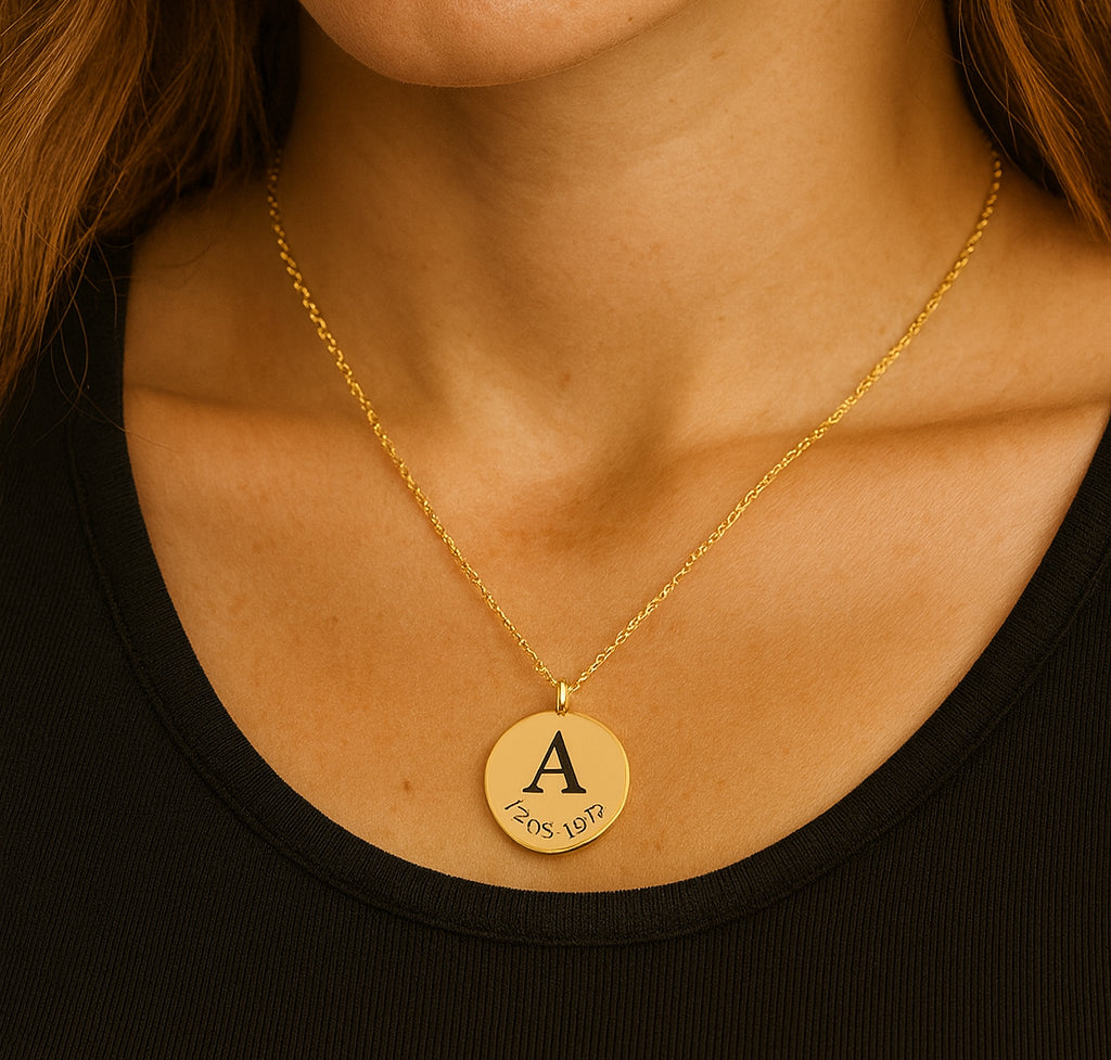 Engraved Initial necklace with date for her and him.