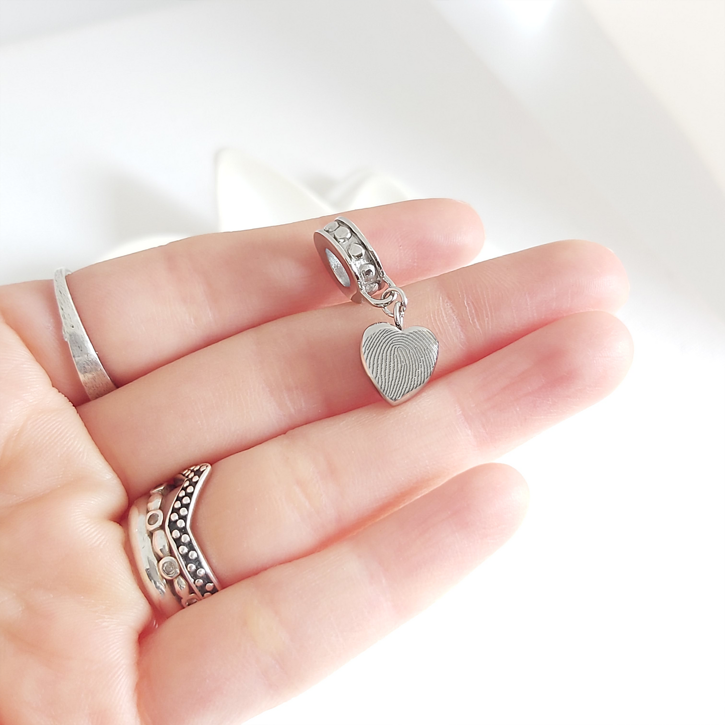 Fingerprint cremation dangling heart urn charm for bracelet for ashes.