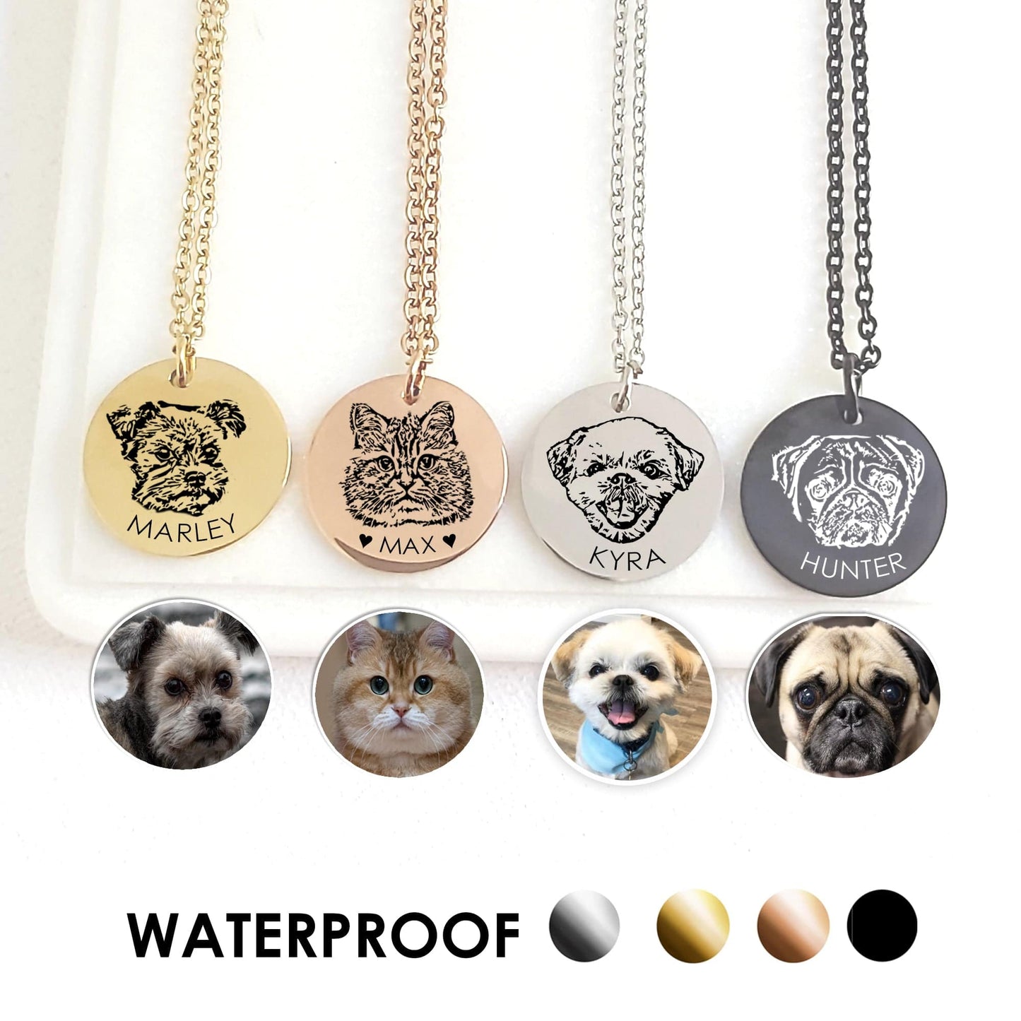 gold, rose gold, silver and black coin necklace with pet portrait with engraved names on a white background