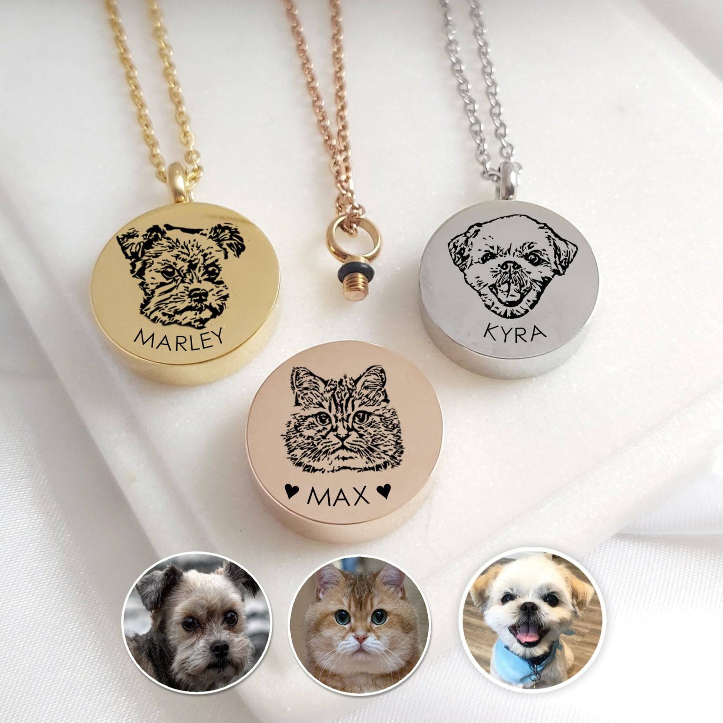 round Pet memorial pendants urns with engraved pet faces and names on a white background