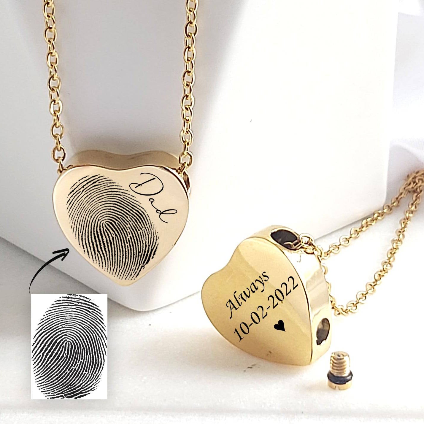 Memorial thumbprint heart urn necklace for human ashes. - mobimomentos