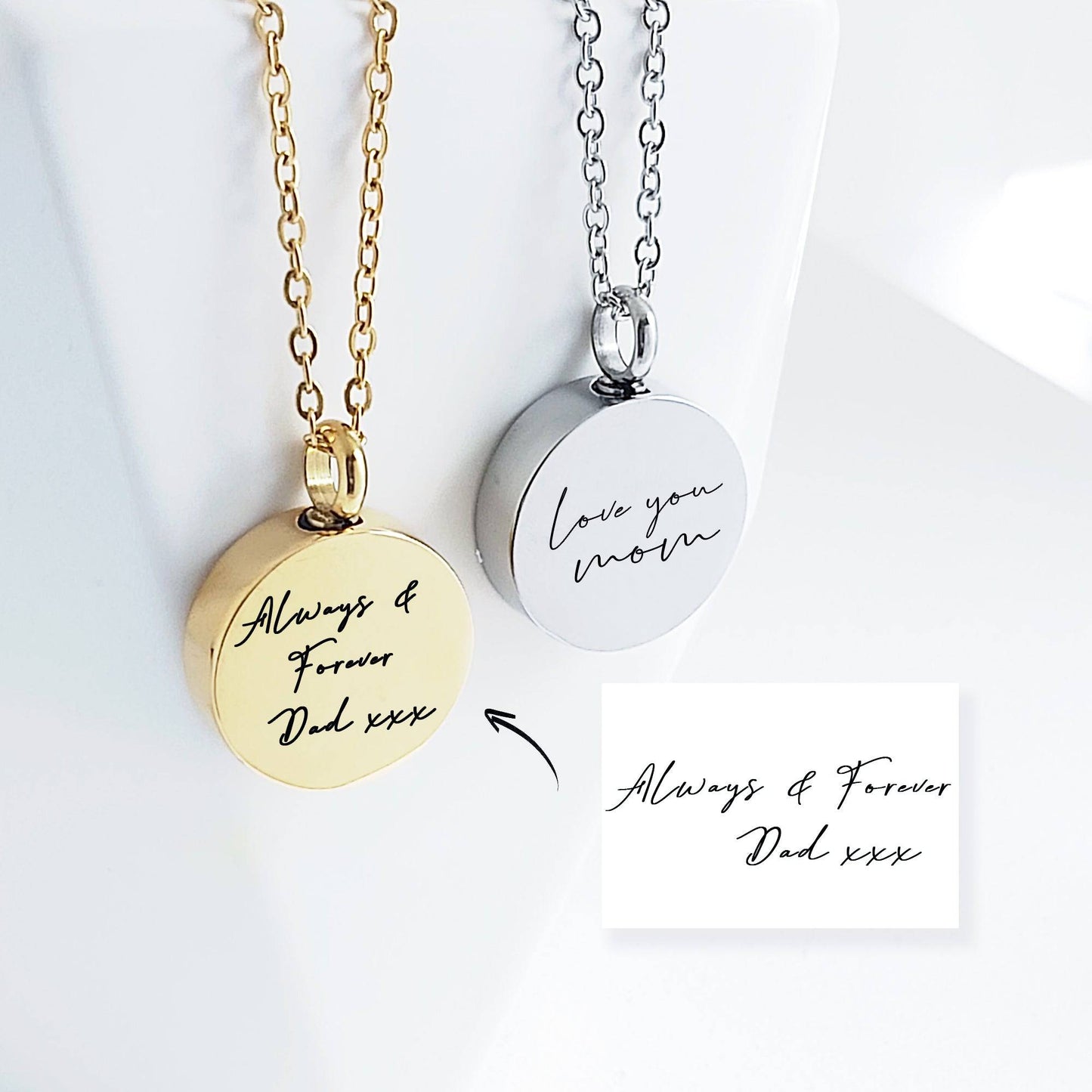 Custom handwriting urn necklace for human ashes. - mobimomentos