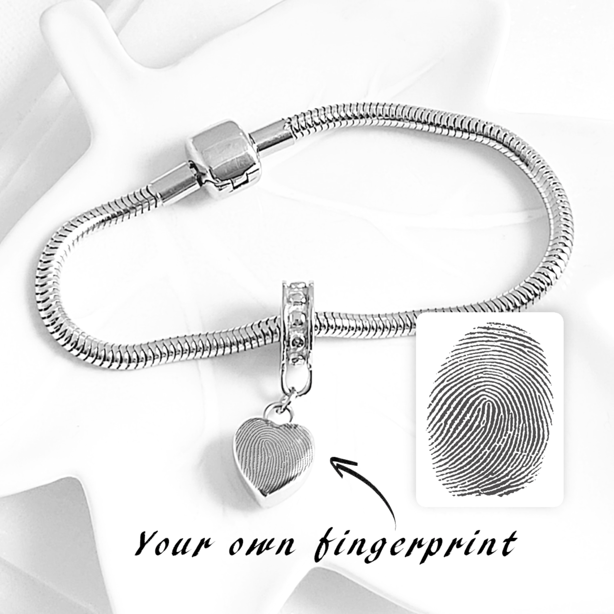 Fingerprint cremation dangling heart urn charm for bracelet for ashes. - mobimomentos
