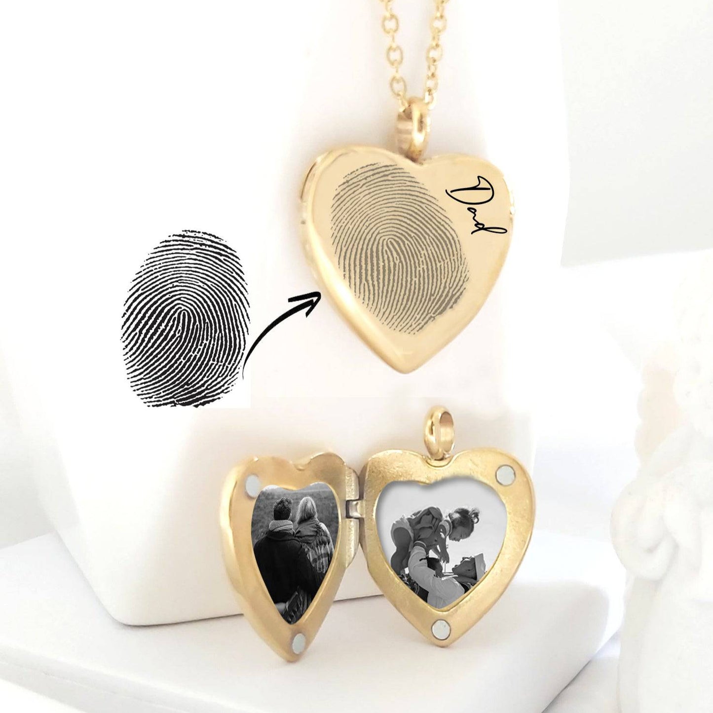 Memorial thumbprint heart locket with photos and engraving. - mobimomentos