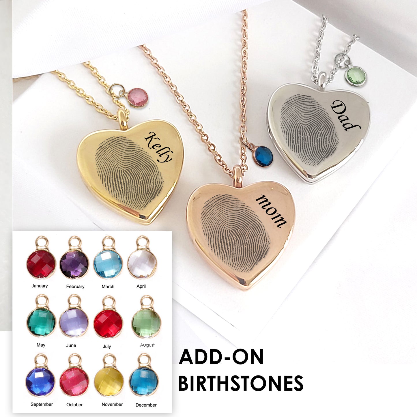 Memorial thumbprint heart locket with photos and engraving.