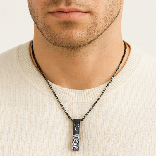 Custom thumbprint urn bar necklace for human ashes.