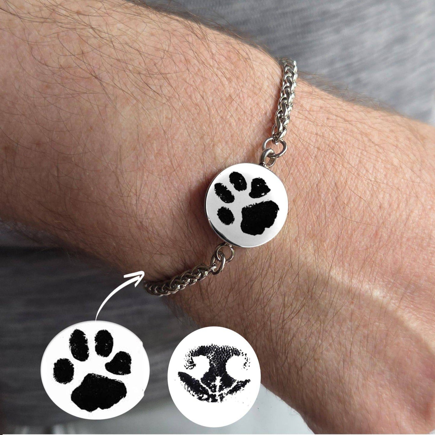 Round urn silver Bracelet with paw print charm worn on wrist