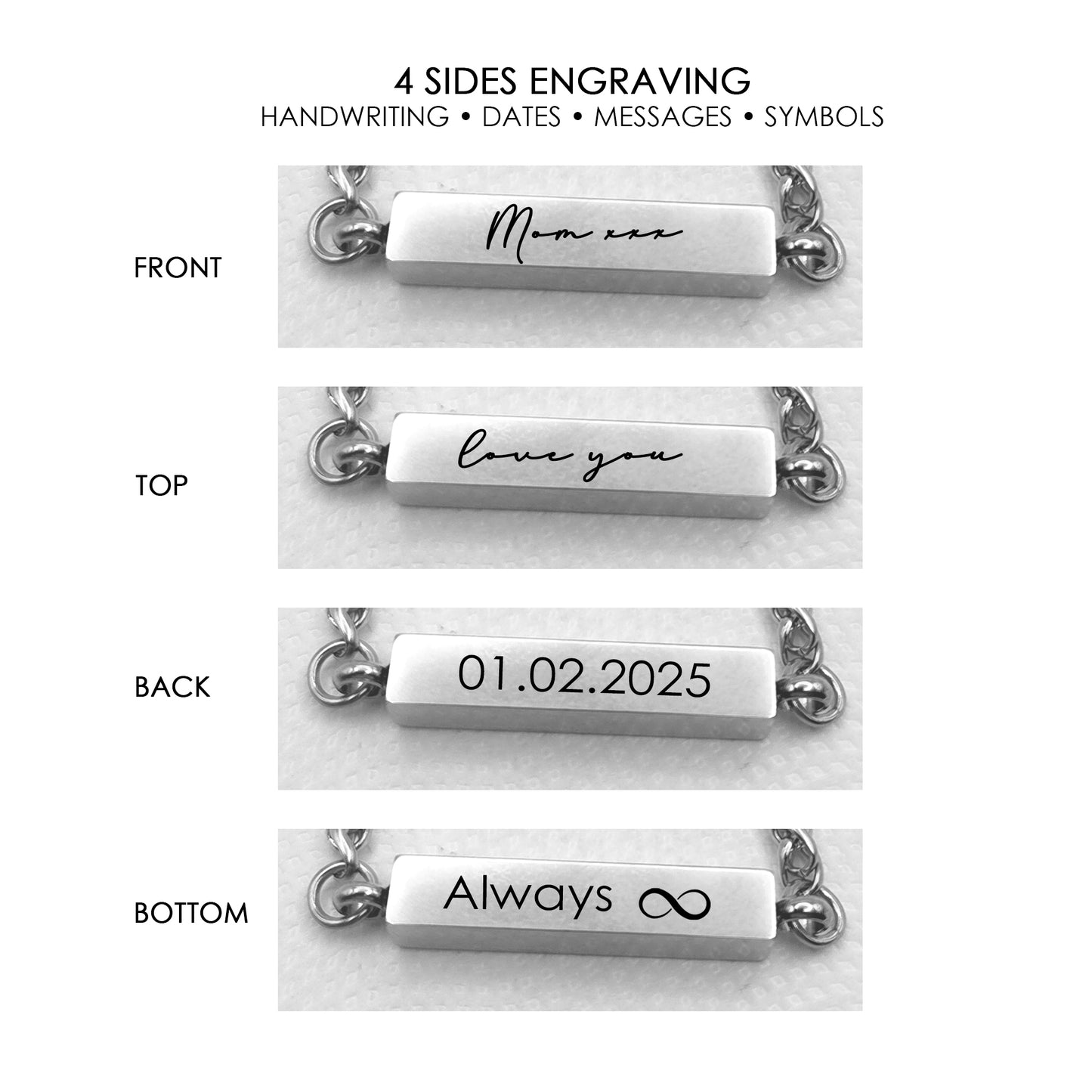 Custom handwriting bar urn bracelet for ashes.