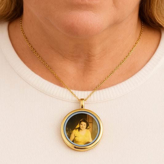 Memorial handwriting locket with photos and urn for ashes, for men and women.