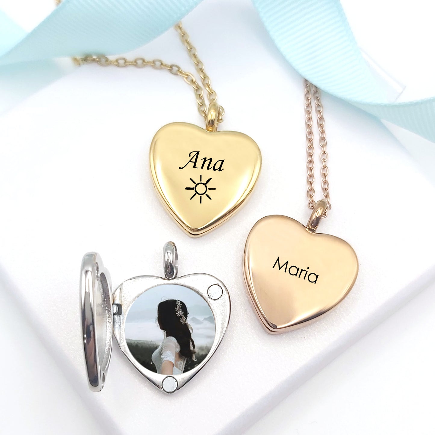 Personalized heart locket with photos engraved with names