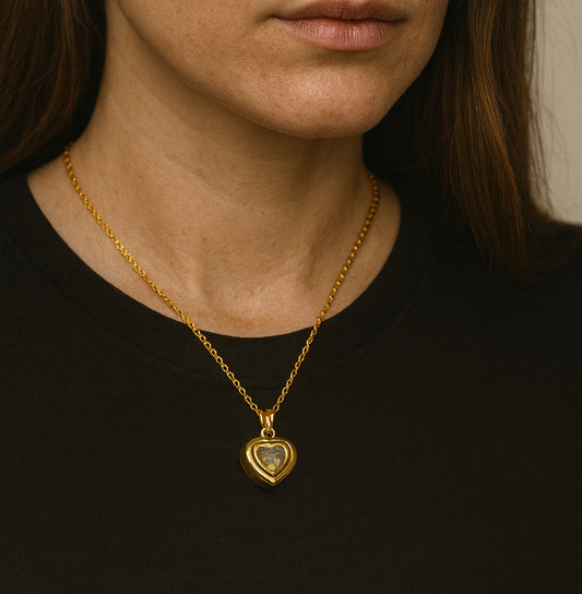 Glass cremation heart urn necklace for human ashes or hair.