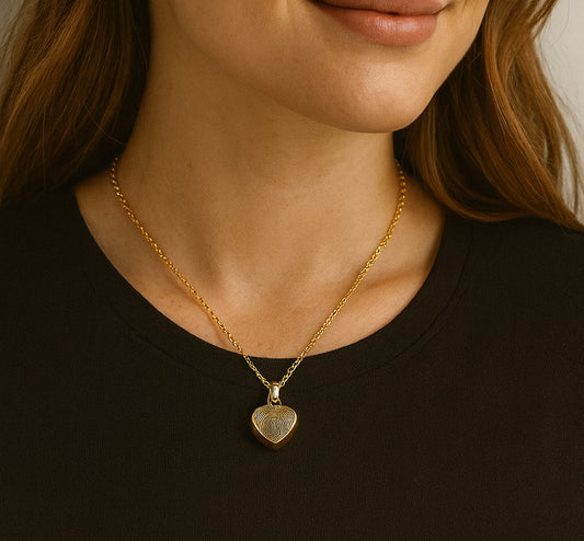 Personalized thumbprint heart urn necklace for human ashes.