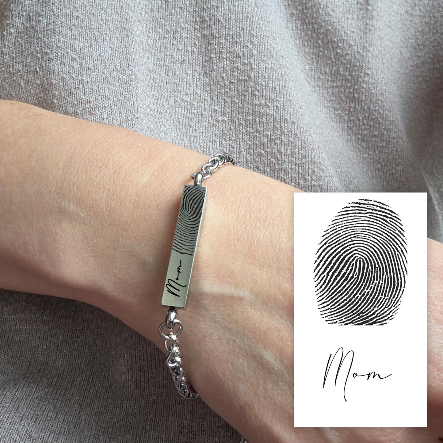 Handwriting and thumbprint bar urn bracelet for ashes.