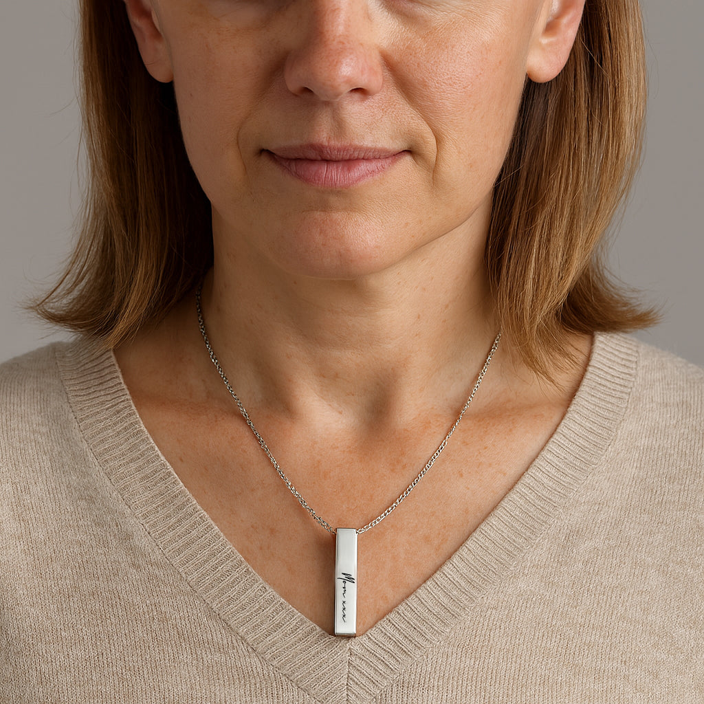Unisex own handwriting urn necklace for human ashes.