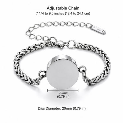 Round urn bracelet for pet ashes, engraved with your pet paw or nose print